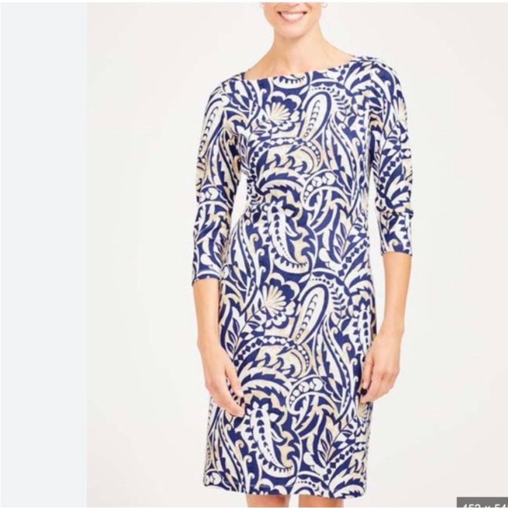 J McLaughlin Imogen Tan Navy 3/4 Sleeve Sheath Dress NWT XL